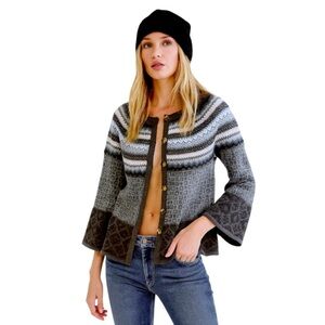 Sundance Nordic Fair Isle 100% Lambswool Cardigan Sweater Cottagecore Sz S Gray